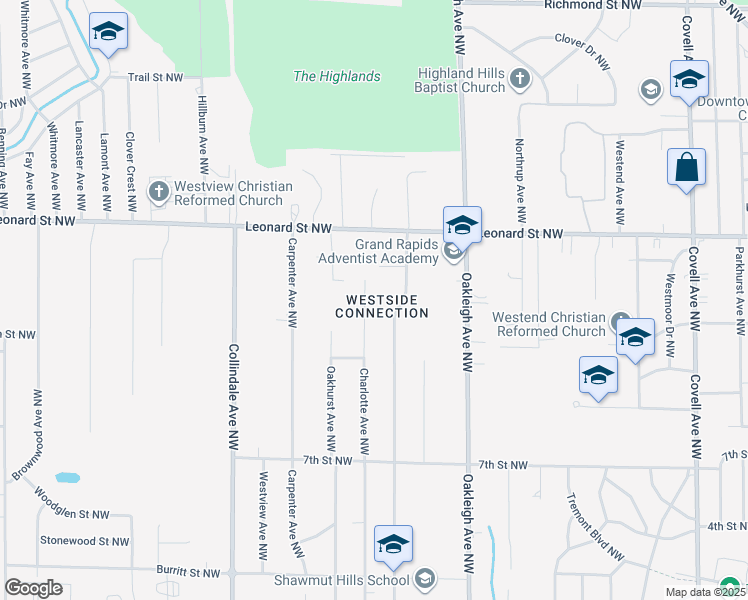 map of restaurants, bars, coffee shops, grocery stores, and more near 1052 Charlotte Avenue Northwest in Grand Rapids