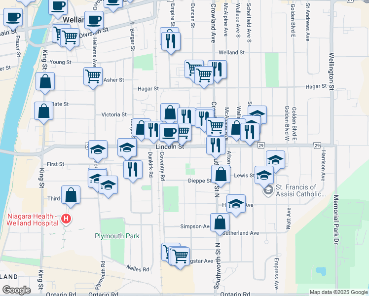 map of restaurants, bars, coffee shops, grocery stores, and more near 337 Regional Road 29 in Welland