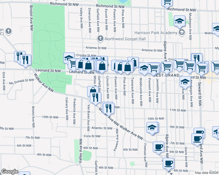 map of restaurants, bars, coffee shops, grocery stores, and more near 1110 Lincoln Avenue Northwest in Grand Rapids