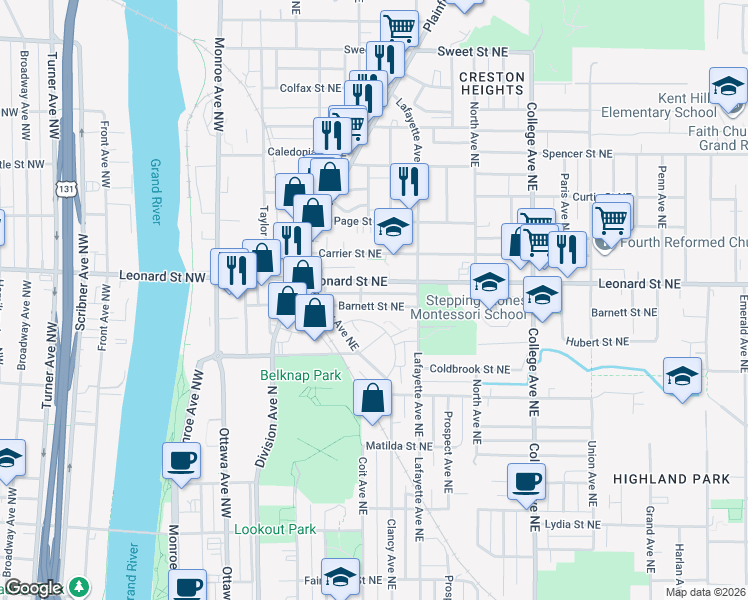 map of restaurants, bars, coffee shops, grocery stores, and more near 211 Barnett Street Northeast in Grand Rapids