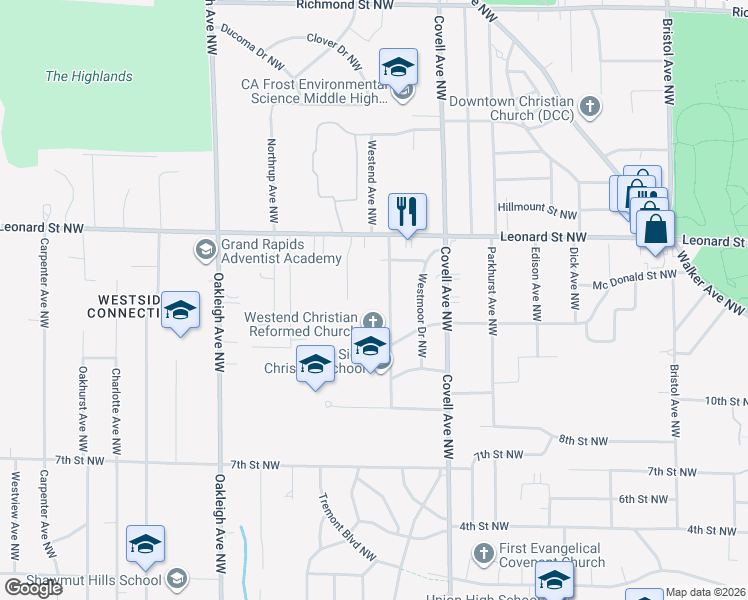 map of restaurants, bars, coffee shops, grocery stores, and more near 1061 Westend Avenue Northwest in Grand Rapids