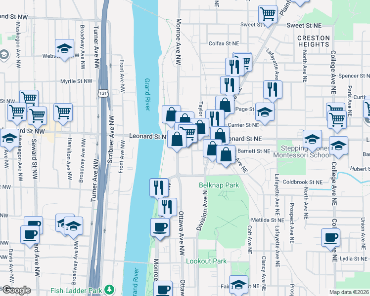 map of restaurants, bars, coffee shops, grocery stores, and more near 1151-1185 Ionia Avenue Northwest in Grand Rapids