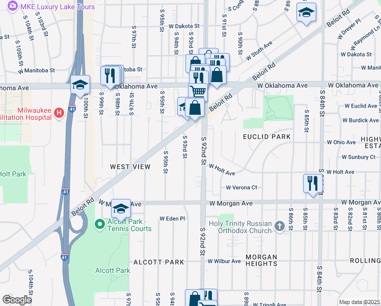 map of restaurants, bars, coffee shops, grocery stores, and more near 3326 South 93rd Street in Milwaukee