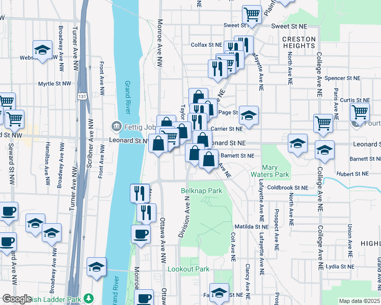 map of restaurants, bars, coffee shops, grocery stores, and more near 1157 Plainfield Avenue Northeast in Grand Rapids