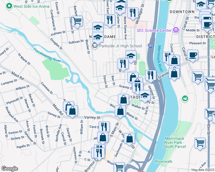 map of restaurants, bars, coffee shops, grocery stores, and more near 517 Granite Street in Manchester