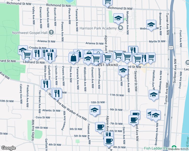 map of restaurants, bars, coffee shops, grocery stores, and more near 1124 Fremont Avenue Northwest in Grand Rapids