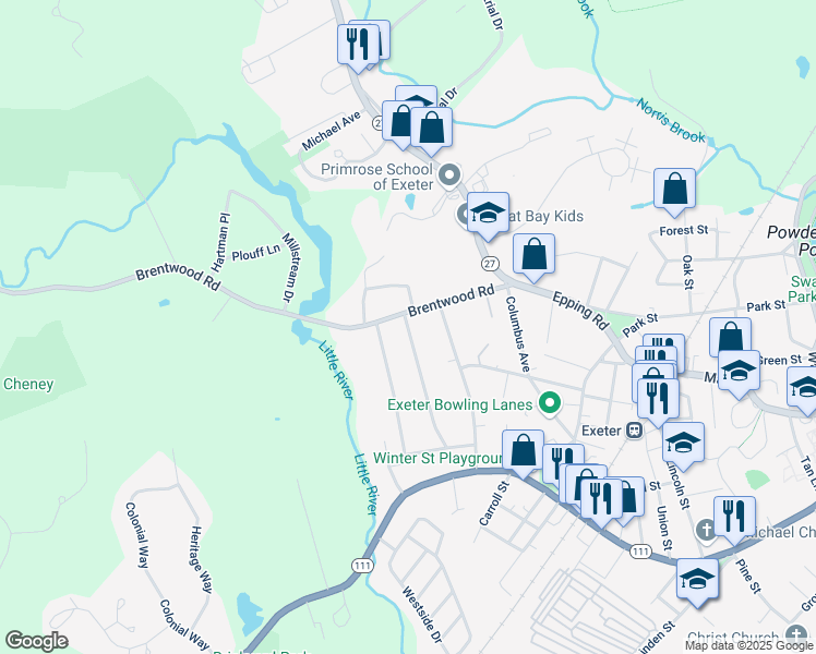 map of restaurants, bars, coffee shops, grocery stores, and more near 22 Wentworth Street in Exeter