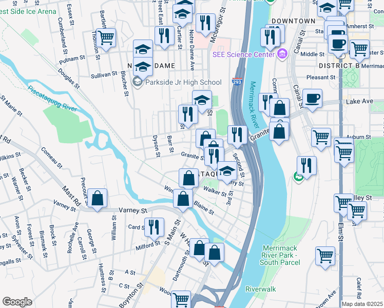 map of restaurants, bars, coffee shops, grocery stores, and more near 46 Dover Street in Manchester