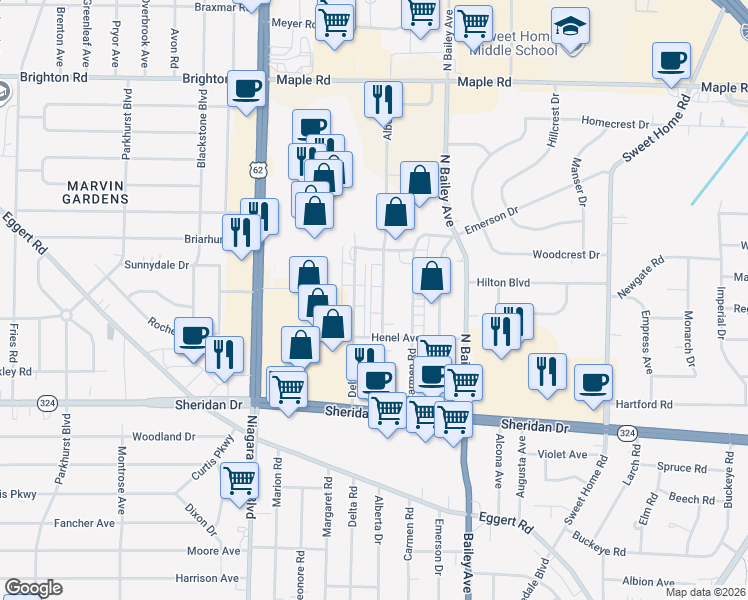 map of restaurants, bars, coffee shops, grocery stores, and more near 424 Alberta Drive in Buffalo
