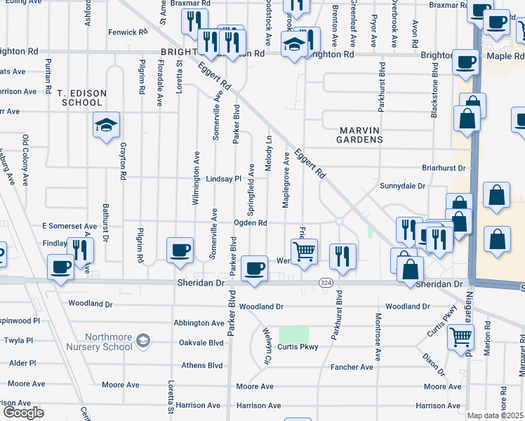 map of restaurants, bars, coffee shops, grocery stores, and more near 80 Melody Lane in Tonawanda