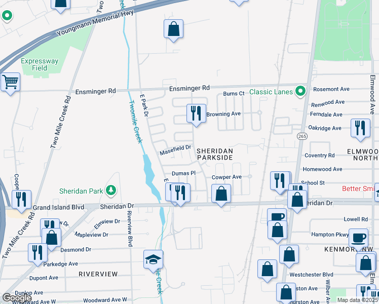 map of restaurants, bars, coffee shops, grocery stores, and more near 118 Sheridan Parkside Drive in Tonawanda