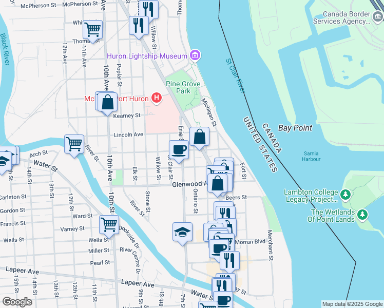 map of restaurants, bars, coffee shops, grocery stores, and more near 708 Rawlins Street in Port Huron