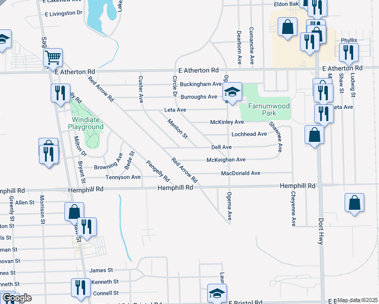 map of restaurants, bars, coffee shops, grocery stores, and more near 522 Dell Avenue in Flint
