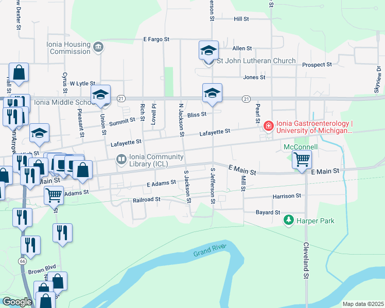 map of restaurants, bars, coffee shops, grocery stores, and more near 335 East Washington Street in Ionia