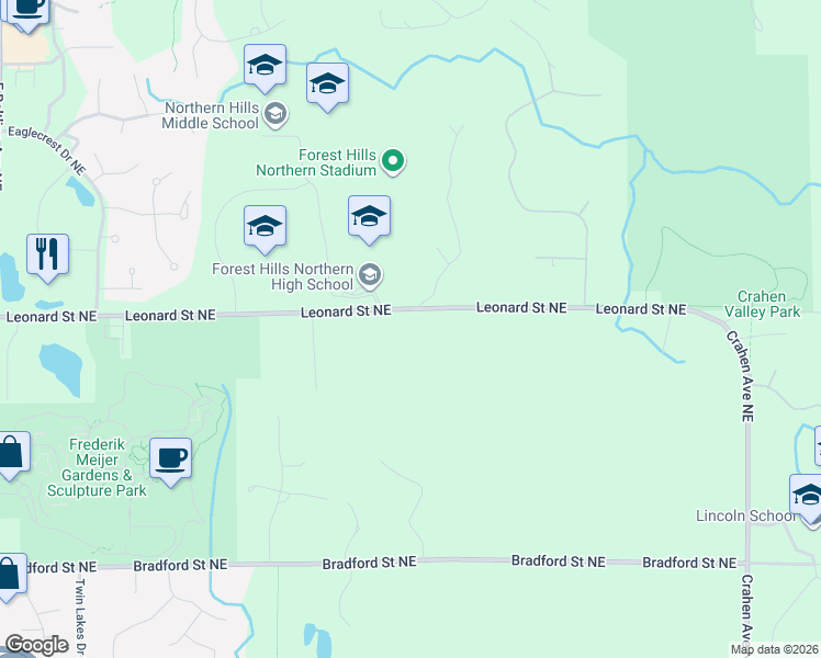 map of restaurants, bars, coffee shops, grocery stores, and more near 3898 Leonard Street Northeast in Grand Rapids