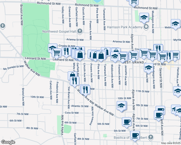 map of restaurants, bars, coffee shops, grocery stores, and more near 1114 Powers Avenue Northwest in Grand Rapids