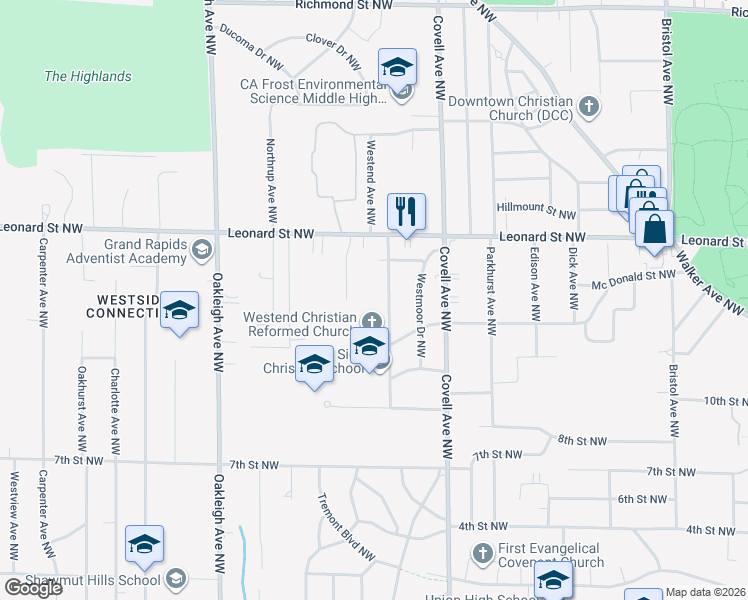 map of restaurants, bars, coffee shops, grocery stores, and more near 1061 Westend Avenue Northwest in Grand Rapids