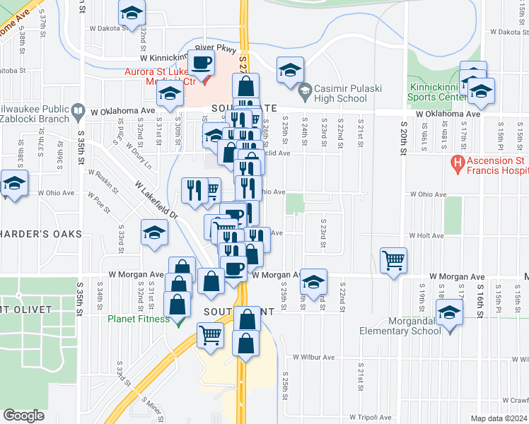 map of restaurants, bars, coffee shops, grocery stores, and more near 3342 South 26th Street in Milwaukee