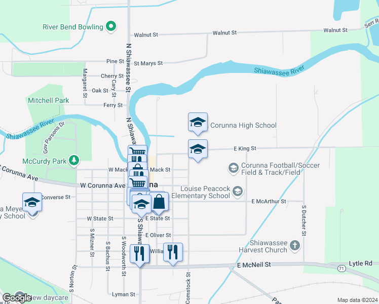 map of restaurants, bars, coffee shops, grocery stores, and more near 417 East King Street in Corunna