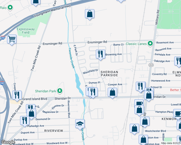 map of restaurants, bars, coffee shops, grocery stores, and more near 2 Hurst Court in Tonawanda