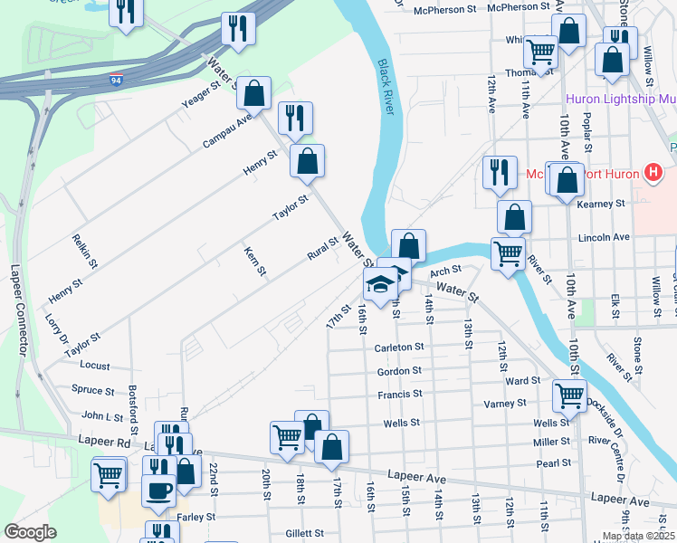 map of restaurants, bars, coffee shops, grocery stores, and more near 41 Runnels Street in Port Huron