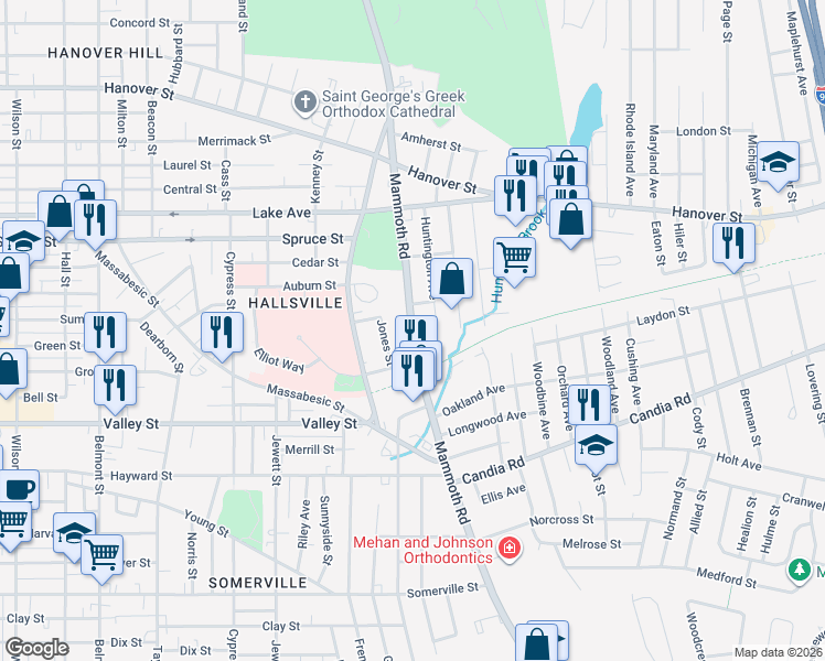 map of restaurants, bars, coffee shops, grocery stores, and more near 311 North Mammoth Road in Manchester