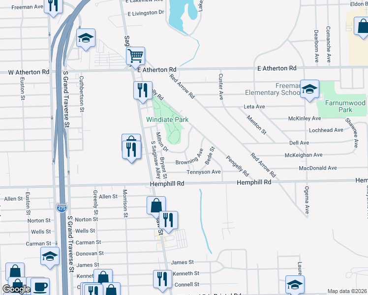 map of restaurants, bars, coffee shops, grocery stores, and more near 4543 Milton Drive in Flint