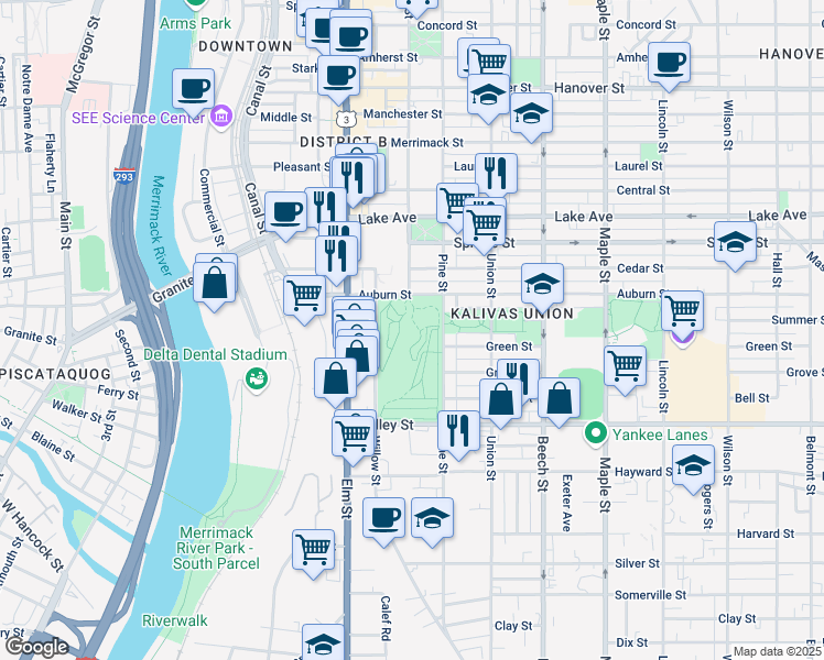map of restaurants, bars, coffee shops, grocery stores, and more near 188 Pine Street in Manchester
