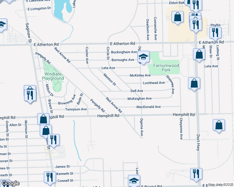 map of restaurants, bars, coffee shops, grocery stores, and more near 522 Dell Avenue in Flint