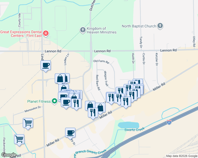 map of restaurants, bars, coffee shops, grocery stores, and more near 3117 Red Barn Road in Flint
