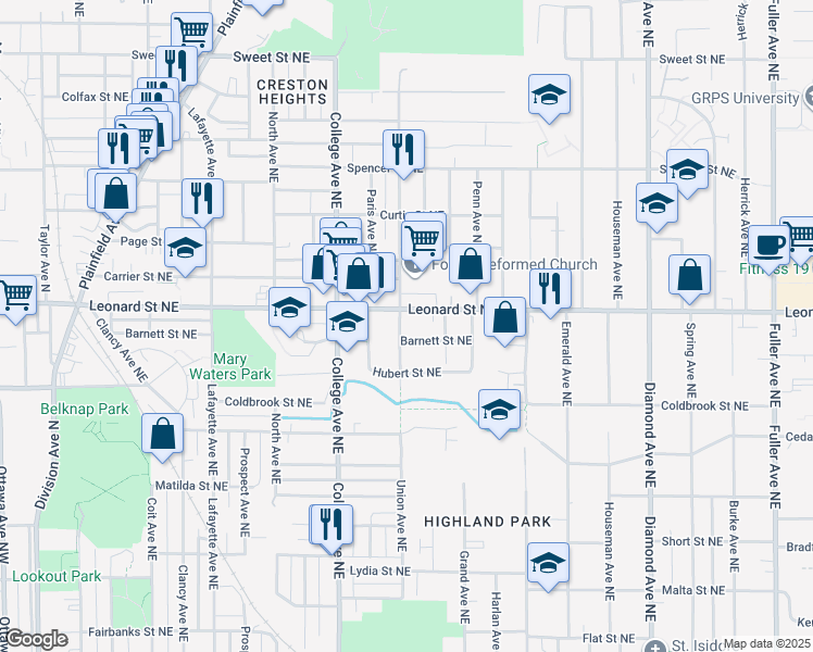 map of restaurants, bars, coffee shops, grocery stores, and more near 1144 Union Avenue Northeast in Grand Rapids