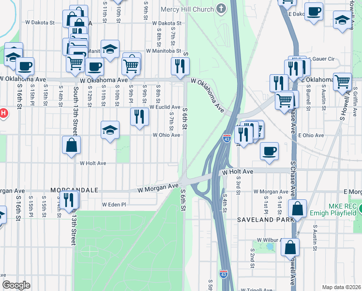 map of restaurants, bars, coffee shops, grocery stores, and more near 3329 S 6th St in Milwaukee