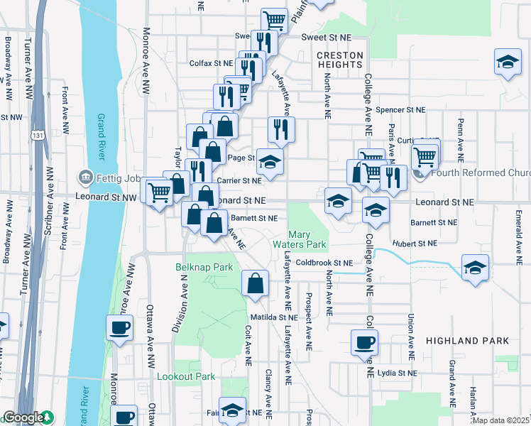 map of restaurants, bars, coffee shops, grocery stores, and more near 223 Barnett Street Northeast in Grand Rapids