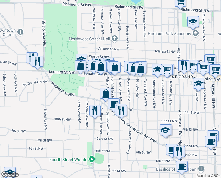 map of restaurants, bars, coffee shops, grocery stores, and more near 1070 White Avenue Northwest in Grand Rapids