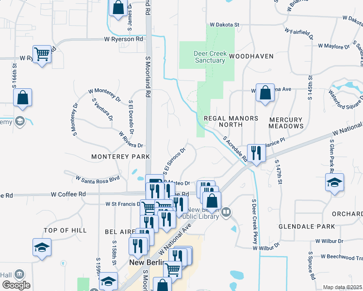 map of restaurants, bars, coffee shops, grocery stores, and more near 3321 South El Sirroco Drive in New Berlin