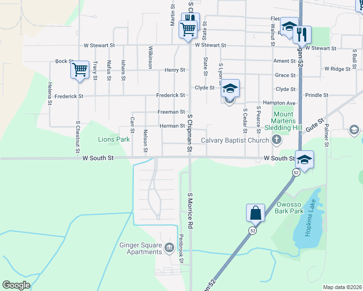 map of restaurants, bars, coffee shops, grocery stores, and more near 1215 Hiram Street in Owosso