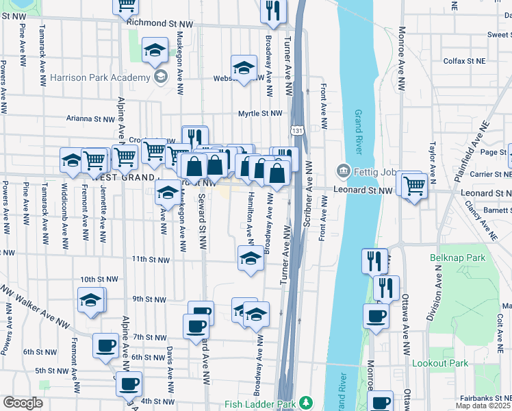 map of restaurants, bars, coffee shops, grocery stores, and more near 1128 Hamilton Avenue Northwest in Grand Rapids