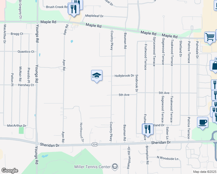 map of restaurants, bars, coffee shops, grocery stores, and more near 222 Country Parkway in Buffalo