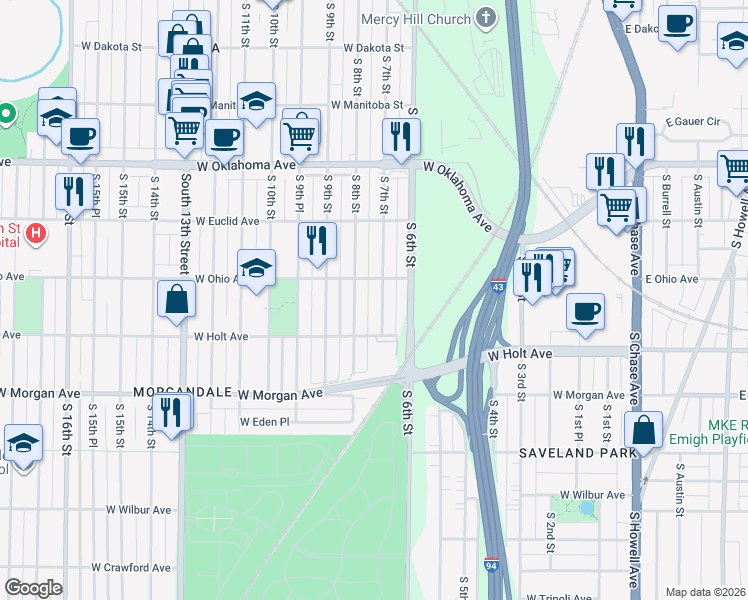 map of restaurants, bars, coffee shops, grocery stores, and more near 3329 South 7th Street in Milwaukee
