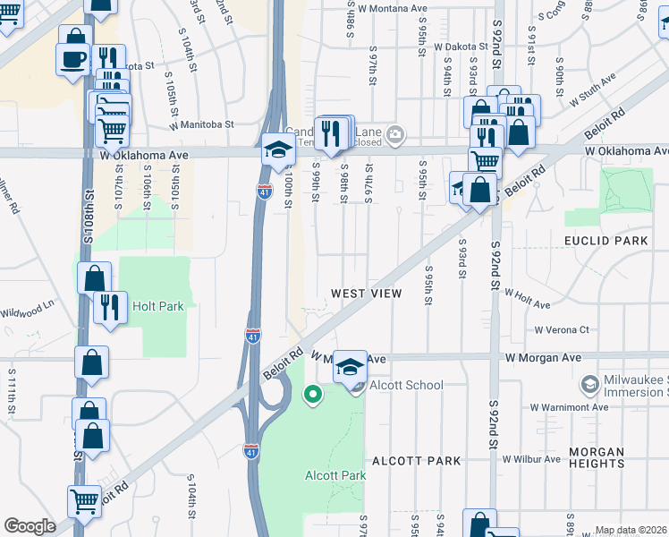 map of restaurants, bars, coffee shops, grocery stores, and more near 3319 South 98th Street in Milwaukee