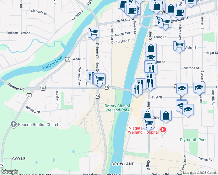 map of restaurants, bars, coffee shops, grocery stores, and more near 107 Lincoln Street in Welland