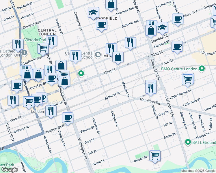 map of restaurants, bars, coffee shops, grocery stores, and more near 457 York Street in London