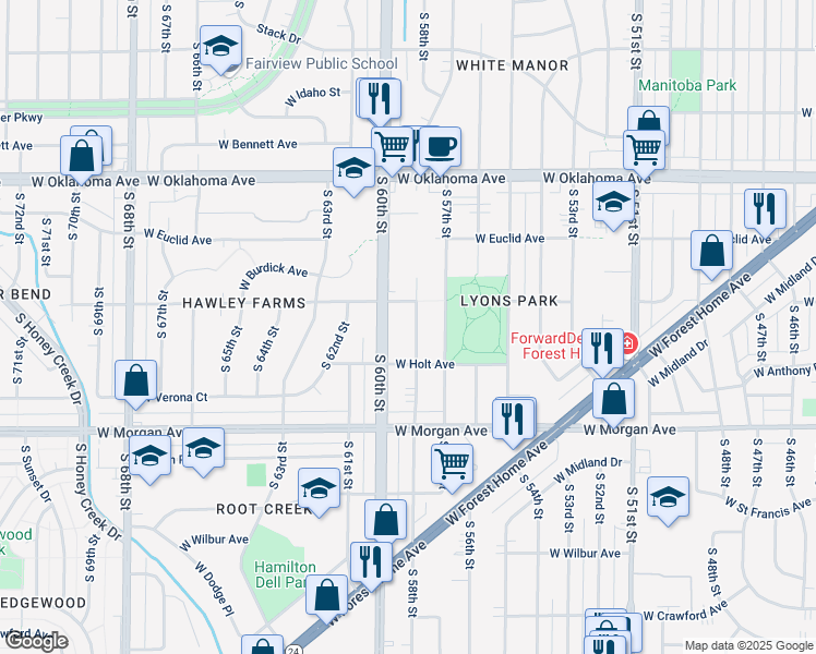 map of restaurants, bars, coffee shops, grocery stores, and more near 3333 South 58th Street in Milwaukee