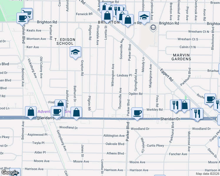 map of restaurants, bars, coffee shops, grocery stores, and more near 122 Wilmington Ave in Tonawanda