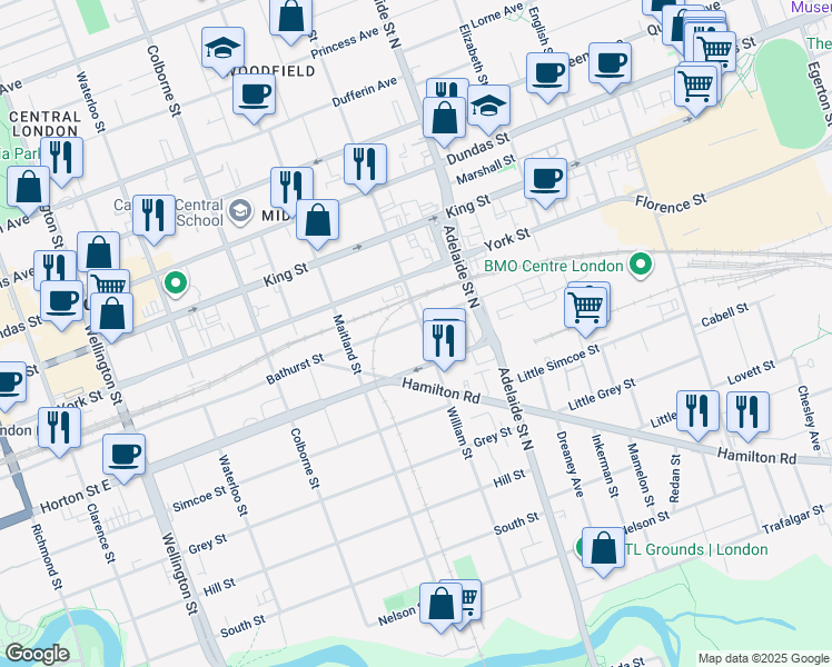 map of restaurants, bars, coffee shops, grocery stores, and more near 279 William Street in London