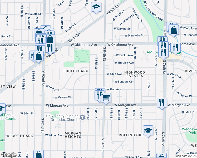 map of restaurants, bars, coffee shops, grocery stores, and more near 3330 South 85th Street in Milwaukee