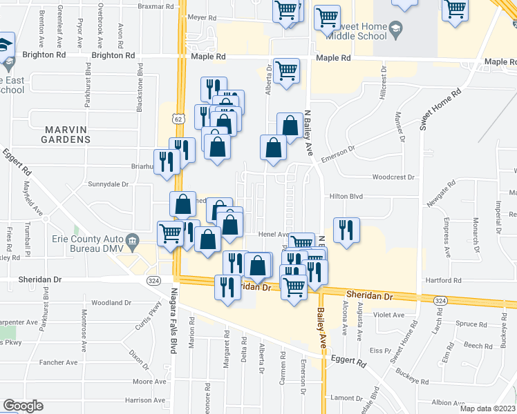 map of restaurants, bars, coffee shops, grocery stores, and more near 424 Alberta Drive in Buffalo
