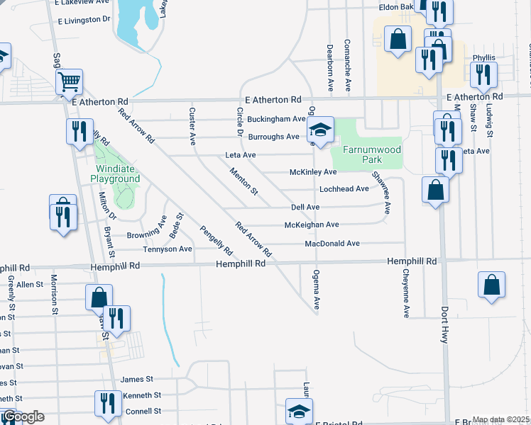 map of restaurants, bars, coffee shops, grocery stores, and more near 522 Dell Avenue in Flint
