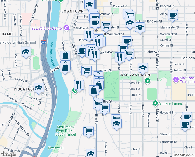 map of restaurants, bars, coffee shops, grocery stores, and more near 409 Elm Street in Manchester
