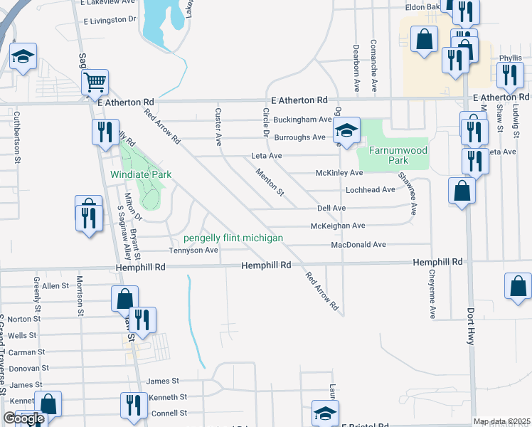 map of restaurants, bars, coffee shops, grocery stores, and more near 416 Dell Avenue in Flint